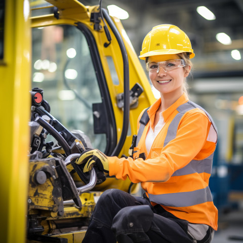 Smiling woman machine operator at work on a blurred background