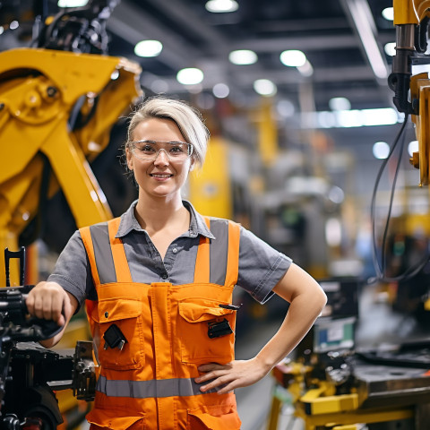 Smiling woman machine operator at work on a blurred background