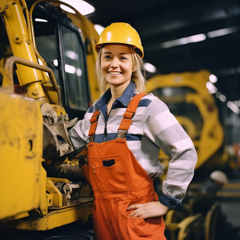 Smiling woman machine operator at work on a blurred background