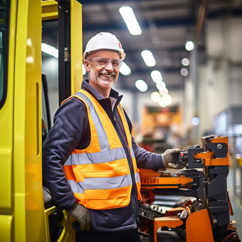 Smiling worker operating machinery in a on a blurred background