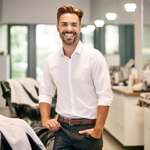 Friendly smiling handsome man grooming and personal care human resources manager at work on blured background