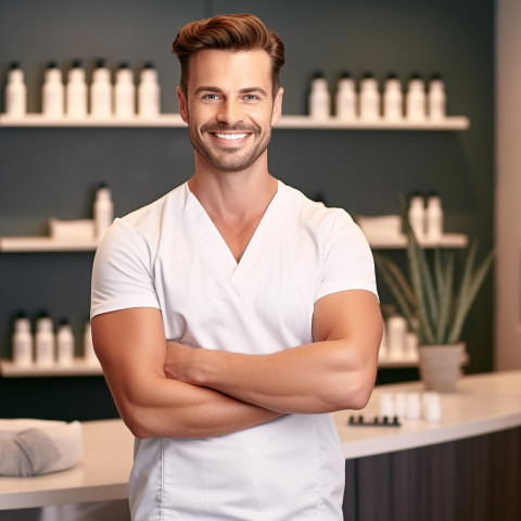 Friendly smiling handsome man grooming and personal care spa manager at work on blured background