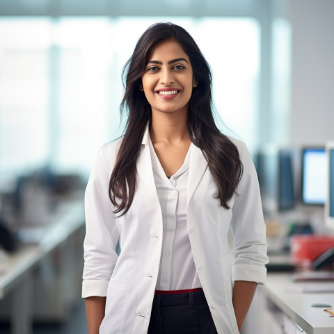 Friendly smiling beautiful indian woman beauty and personal care educator at work on blured background