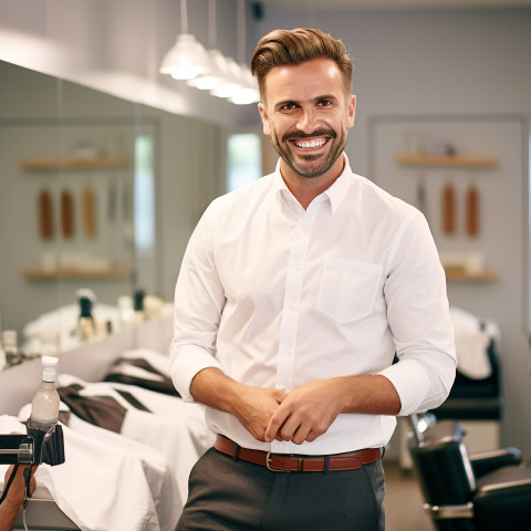 Friendly smiling handsome man grooming and personal care human resources manager at work on blured background