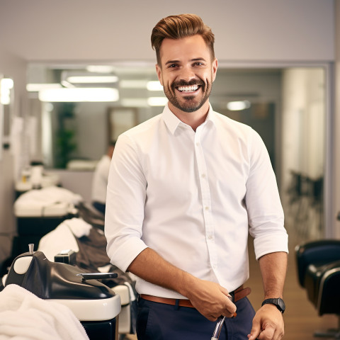 Friendly smiling handsome man grooming and personal care human resources manager at work on blured background