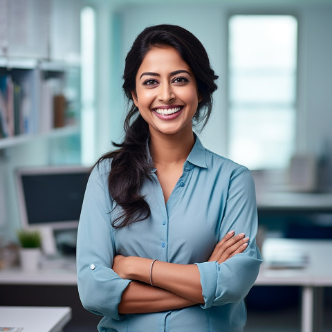 Friendly smiling beautiful indian woman beauty and personal care educator at work on blured background