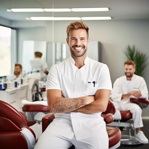 Friendly smiling handsome man grooming and personal care spa manager at work on blured background