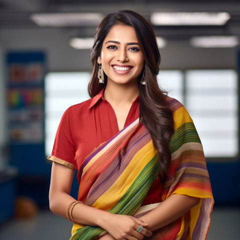 Friendly smiling beautiful indian woman beauty and personal care educator at work on blured background