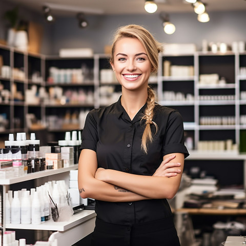 Friendly smiling beautiful woman beauty and personal care salon manager at work on blured background