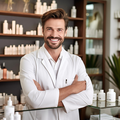 Friendly smiling handsome man grooming and personal care esthetician at work on blured background