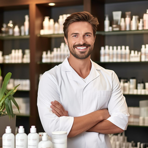 Friendly smiling handsome man grooming and personal care esthetician at work on blured background