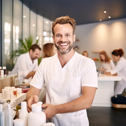 Friendly smiling handsome man grooming and personal care spa manager at work on blured background