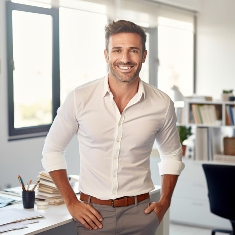 Friendly smiling handsome man grooming and personal care accountant at work on blured background