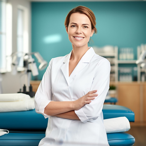 Friendly smiling beautiful woman beauty and personal care esthetician at work on blured background