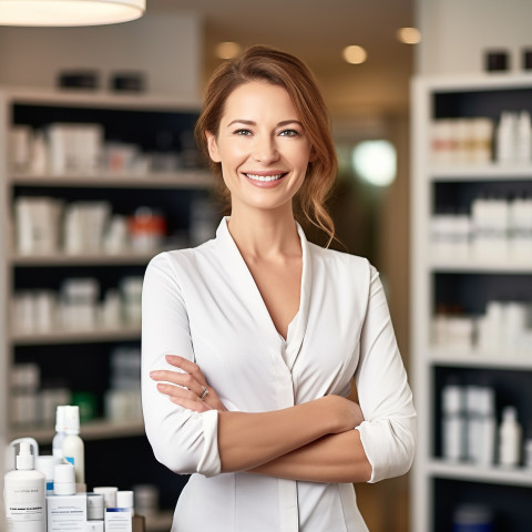 Friendly smiling beautiful woman beauty and personal care spa manager at work on blured background