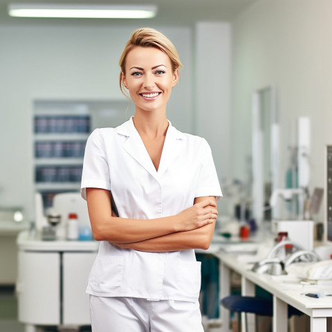 Friendly smiling beautiful woman beauty and personal care esthetician at work on blured background