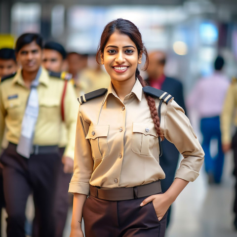 Friendly smiling beautiful indian woman beauty and personal care security personnel at work on blured background