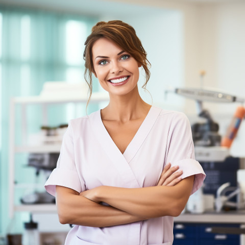 Friendly smiling beautiful woman beauty and personal care esthetician at work on blured background