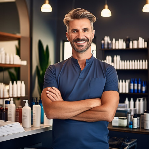 Friendly smiling handsome man grooming and personal care salon manager at work on blured background