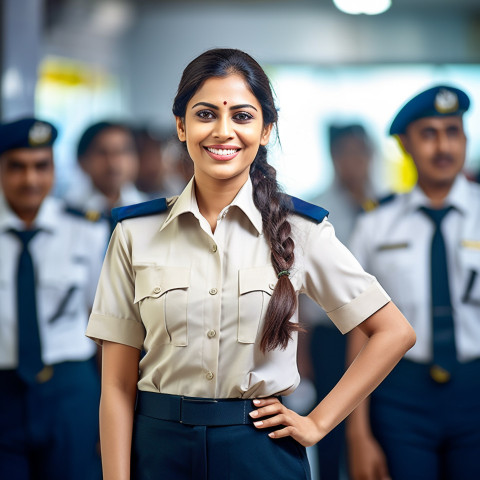 Friendly smiling beautiful indian woman beauty and personal care security personnel at work on blured background