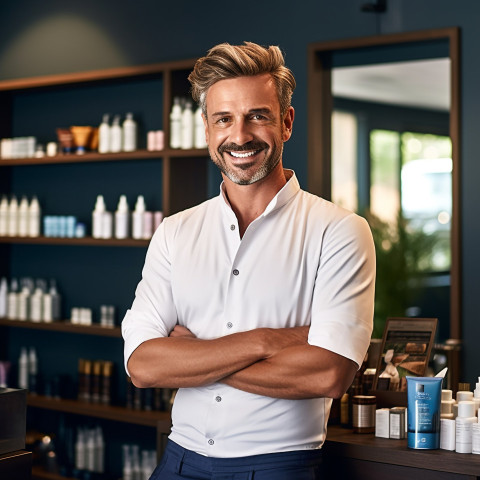 Friendly smiling handsome man grooming and personal care salon manager at work on blured background