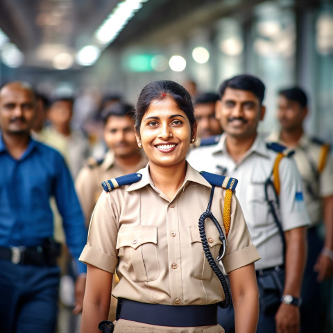 Friendly smiling beautiful indian woman beauty and personal care security personnel at work on blured background