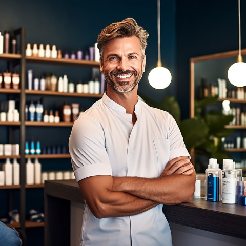 Friendly smiling handsome man grooming and personal care salon manager at work on blured background