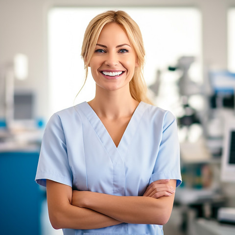 Friendly smiling beautiful woman beauty and personal care educator at work on blured background