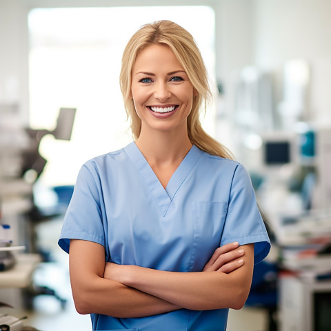 Friendly smiling beautiful woman beauty and personal care educator at work on blured background