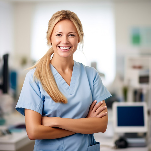 Friendly smiling beautiful woman beauty and personal care educator at work on blured background