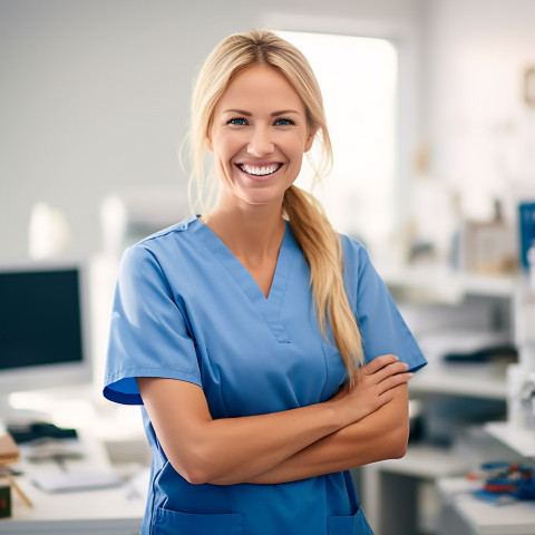 Friendly smiling beautiful woman beauty and personal care educator at work on blured background