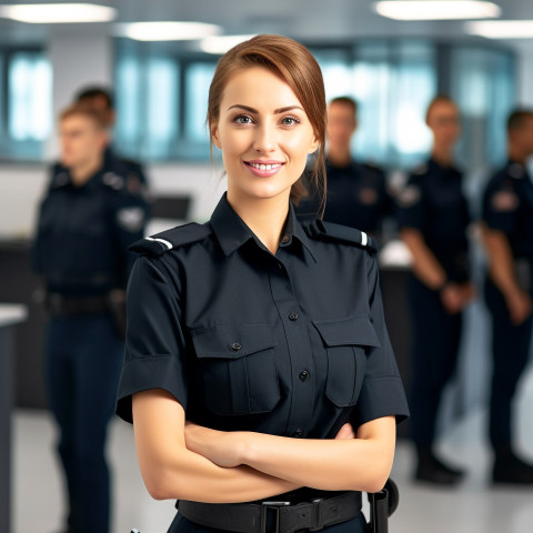 Friendly smiling beautiful woman beauty and personal care security personnel at work on blured background