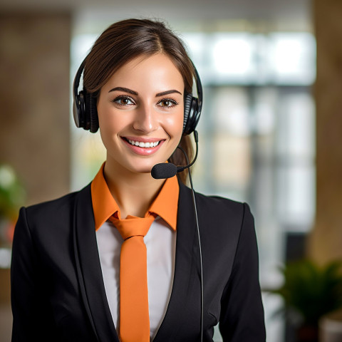 Friendly smiling beautiful woman beauty and personal care customer service representative at work on blured background