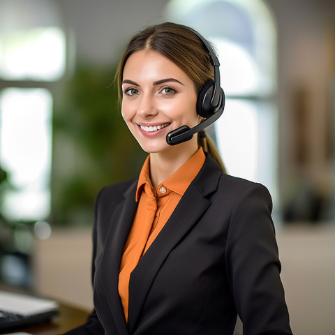 Friendly smiling beautiful woman beauty and personal care customer service representative at work on blured background