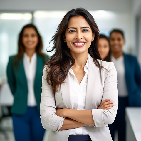 Friendly smiling beautiful indian woman beauty and personal care human resources manager at work on blured background