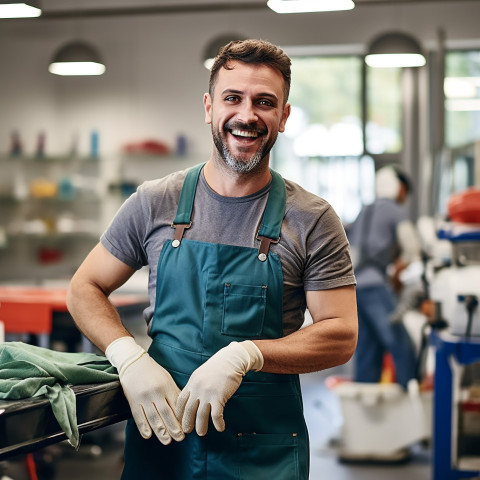 Friendly smiling handsome man grooming and personal care cleaner at work on blured background