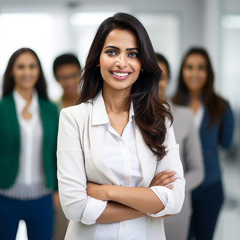 Friendly smiling beautiful indian woman beauty and personal care human resources manager at work on blured background