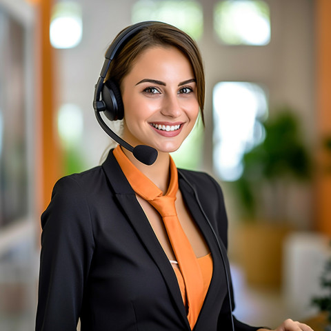 Friendly smiling beautiful woman beauty and personal care customer service representative at work on blured background