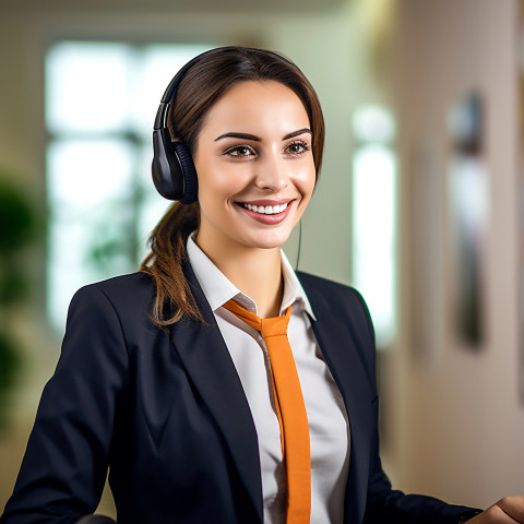 Friendly smiling beautiful woman beauty and personal care customer service representative at work on blured background