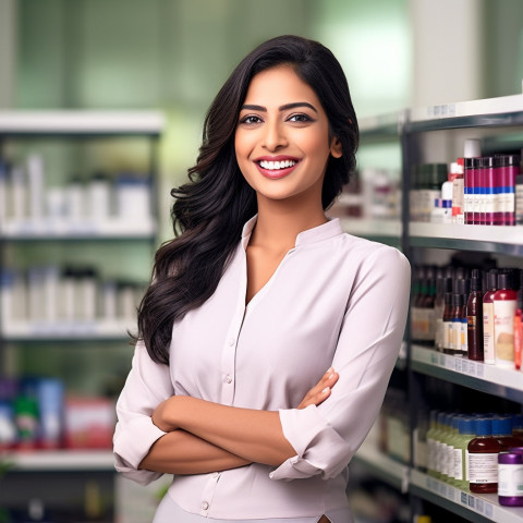 Friendly smiling beautiful indian woman beauty and personal care product sales representative at work on blured background