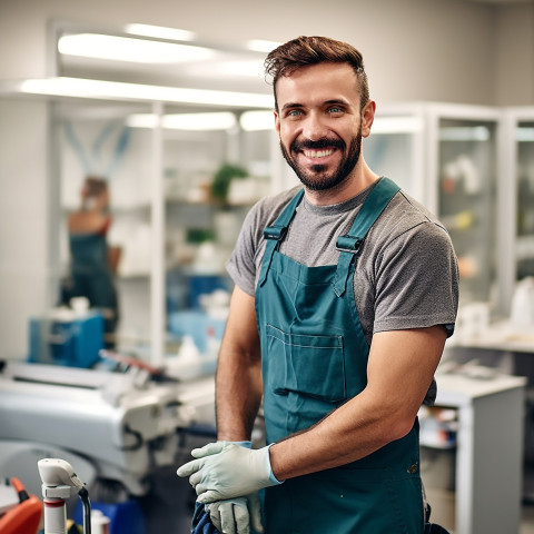 Friendly smiling handsome man grooming and personal care cleaner at work on blured background