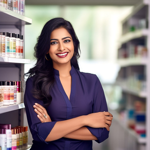 Friendly smiling beautiful indian woman beauty and personal care product sales representative at work on blured background