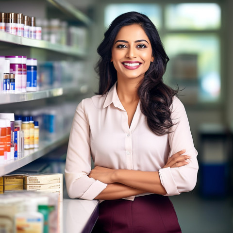 Friendly smiling beautiful indian woman beauty and personal care product sales representative at work on blured background