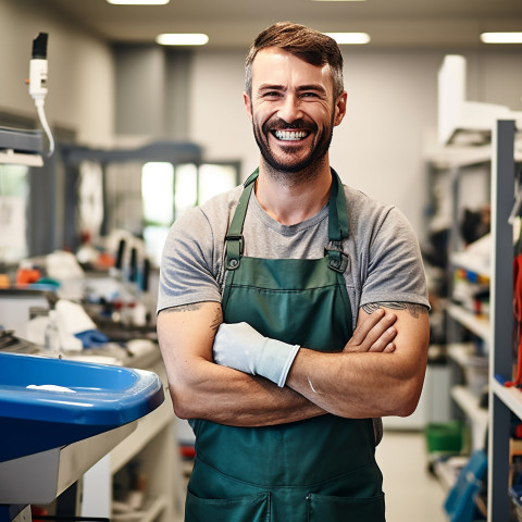 Friendly smiling handsome man grooming and personal care cleaner at work on blured background