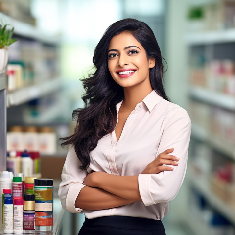 Friendly smiling beautiful indian woman beauty and personal care product sales representative at work on blured background