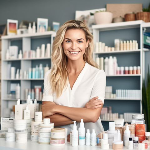 Friendly smiling beautiful woman beauty and personal care product sales representative at work on blured background