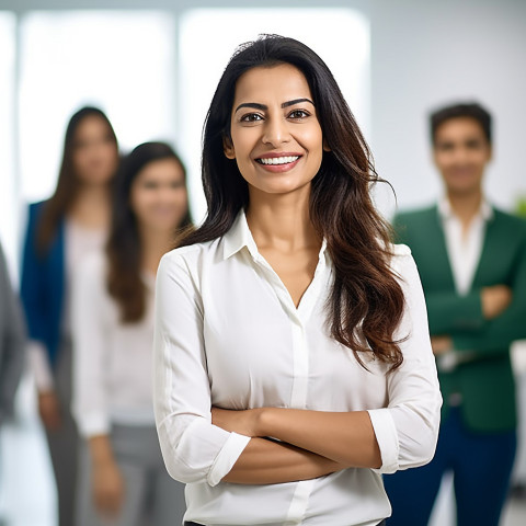 Friendly smiling beautiful indian woman beauty and personal care human resources manager at work on blured background