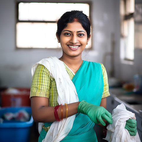 Friendly smiling beautiful indian woman beauty and personal care housekeeping at work on blured background