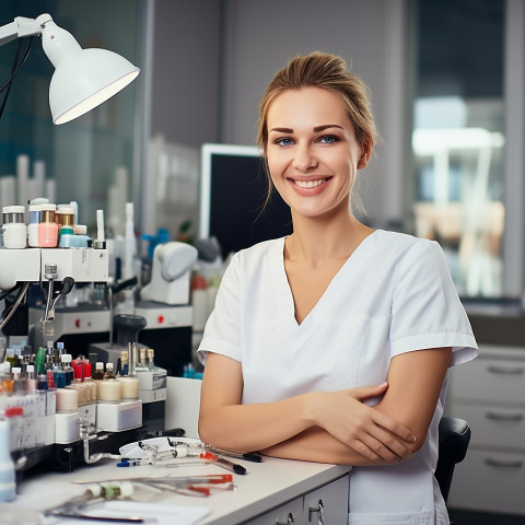 Friendly smiling beautiful woman beauty and personal care nail technician at work on blured background