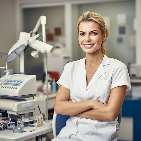 Friendly smiling beautiful woman beauty and personal care nail technician at work on blured background